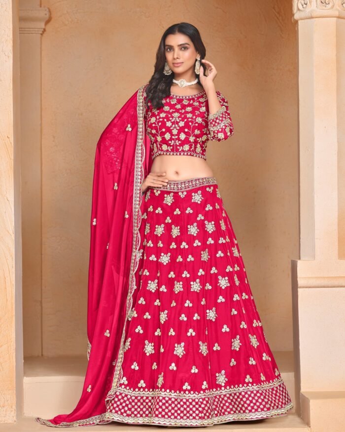 Pink Organza Unstitched Zari & Sequins Work Embroidered Lehenga Choli For Women Girls