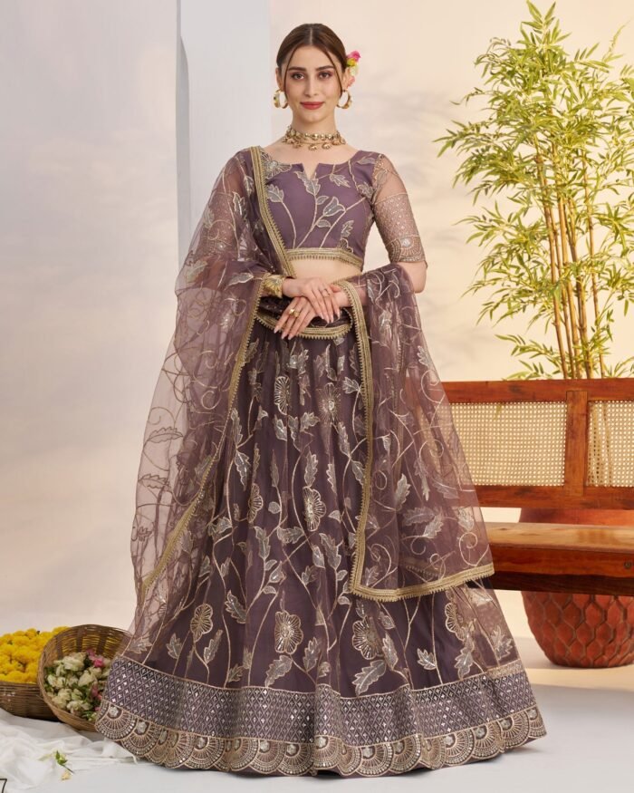 Drak Onion Thread Work Net Unstitched Women Lehenga Choli