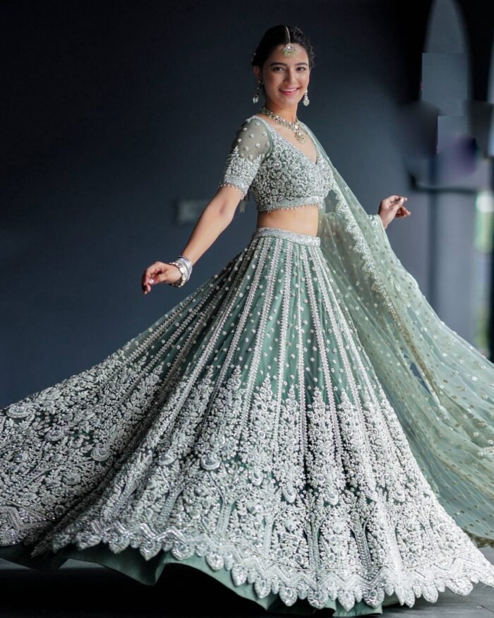 Sea Green Net Sequins & Dori Work Lehenga Choli With Net Embroidered Dupatta