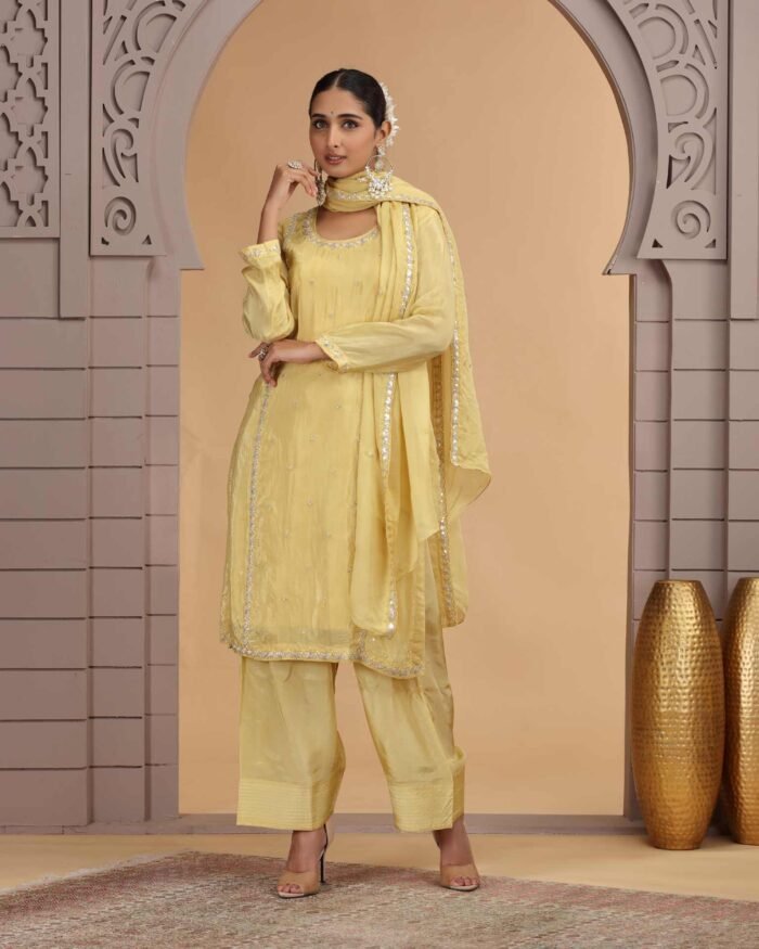 Light Yellow Silk Readymade Salwar Suit For Woman With Farsi Pant